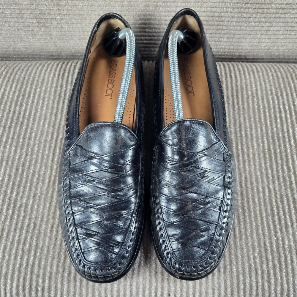 Brass Boot Mens 10.5 M Black Woven Leather Hand Stitched Loafers 93114-01 - Picture 3 of 10